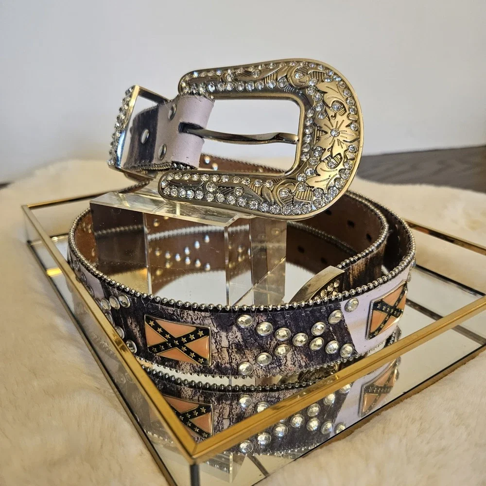 Vintage Nocona Pink Camo Rhinestone Western Leather Belt Womens L 38